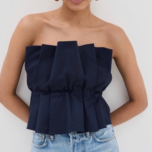 STAUD Tops - STAUD Navy Strapless ruffle tube Top navy blue XS extra small NWT NEW TAGS
